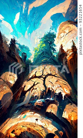 Towering tree and mountain wall scene 93221654