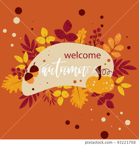 Welcome autumn lettering card decorated with foliage and berries 93221708