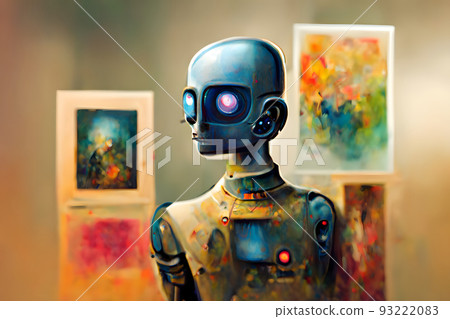 anthropomorphic robot artist in his studio, close portrait, neural network ai generated art 93222083