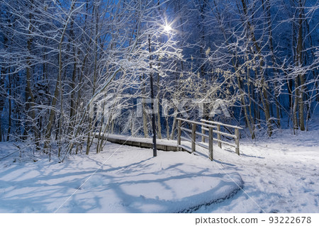 Night view of a path in a city park, illuminated by lanterns. 93222678