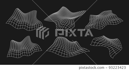 Set of cyber distorted grids, retro punk design elements. Wireframe wave geometry mesh on black background. Vector illustration. 93223423