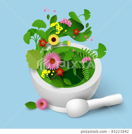 Mortar and pestle with herbal leaf papercut vector Mortar and pestle with herbal leaf papercut vector 93223842
