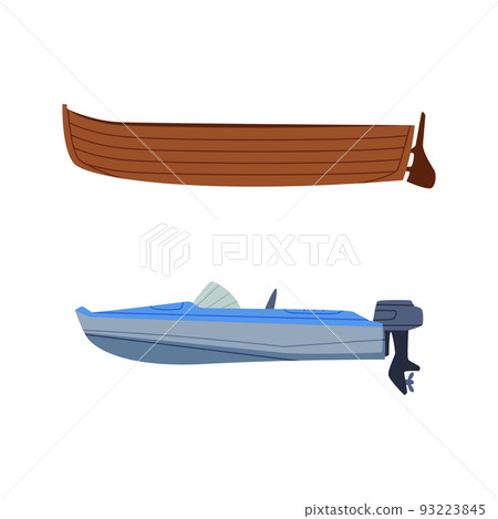 Set of water transport. Side view of motorboat and wooden boat cartoon vector illustration 93223845