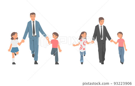 Dad holding hands his daughter and son set. Father taking his children to school cartoon vector illustration Dad holding hands his daughter and son set. Father taking his children to school cartoon vector illustration 93223906