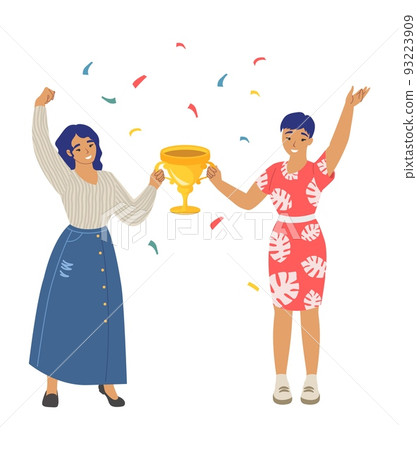 Woman winners vector two happy girls with trophy Woman winners vector two happy girls with trophy 93223909