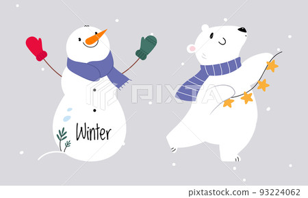 Set of cute winter forest animals. Snowman and polar bear Christmas characters vector illustration 93224062