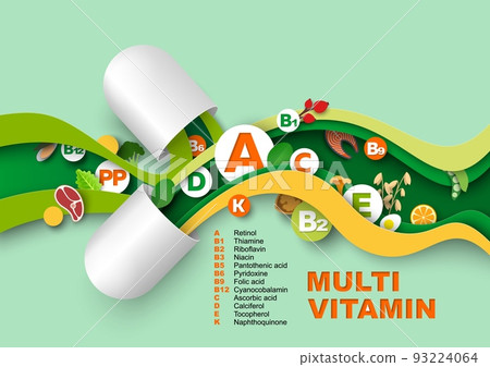 Multi vitamin complex paper cut craft art vector 93224064