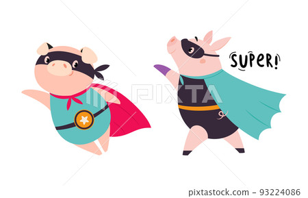 Cute funny superhero pigs in capes and masks set cartoon vector illustration 93224086