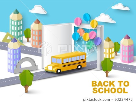 Back to school paper cut background with schoolbus 93224473