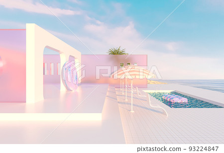 Abstract Summer beach scene with with geometric form. 3d rendering. Abstract Summer beach scene with with geometric form. 3d rendering. 93224847