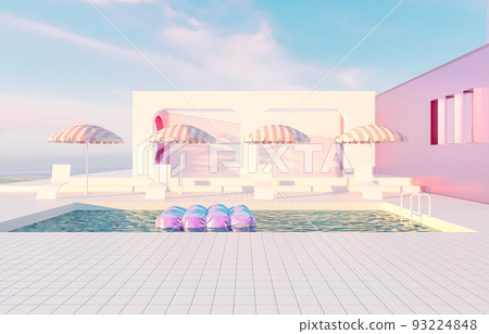 Abstract Summer beach scene with with geometric form. 3d rendering. Abstract Summer beach scene with with geometric form. 3d rendering. 93224848