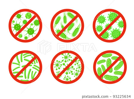 Antibacterial antiviral icon germ. Virus bacteria vector stop symbol. Anti covid sign kill germ icon Antibacterial antiviral icon germ. Virus bacteria vector stop symbol. Anti covid sign kill germ icon 93225634