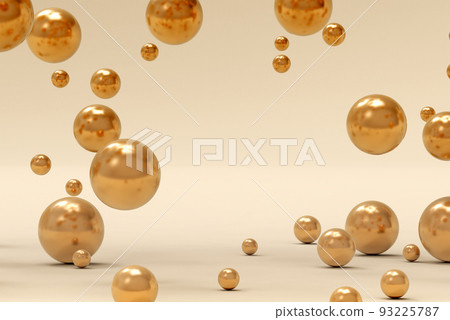 3d rendering of different golden spheres. Abstract minimalistic backdrop for cosmetics and beauty products presentation. Flying particles. Futuristic background. Design for poster with space for text 93225787