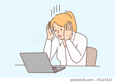 Frustrated woman shocked by online news Frustrated woman shocked by online news 93225813