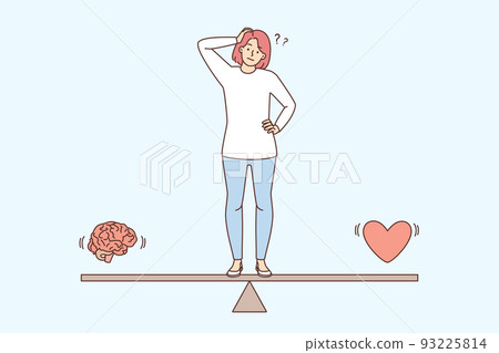 Confused woman choose between brain and heart Confused woman choose between brain and heart 93225814