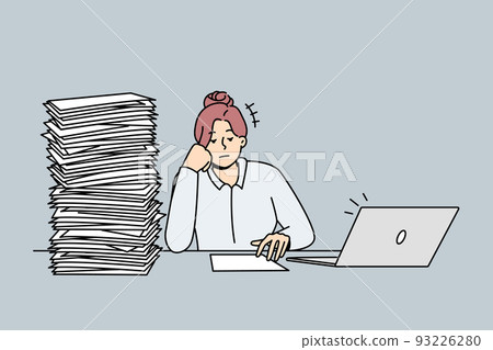 Tired businesswoman with pile of paperwork  93226280