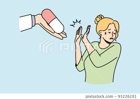 Frustrated woman reject medication from doctor  93226281