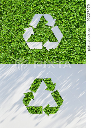 Triangular arrow icon on green background, paper art of recycling image 93227079