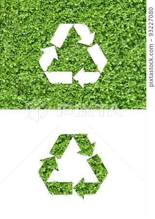 Triangular arrow icon on green background, paper art of recycling image Triangular arrow icon on green background, paper art of recycling image 93227080