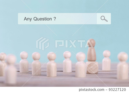 Human wood with sign searching data and any question word on blue background 93227120