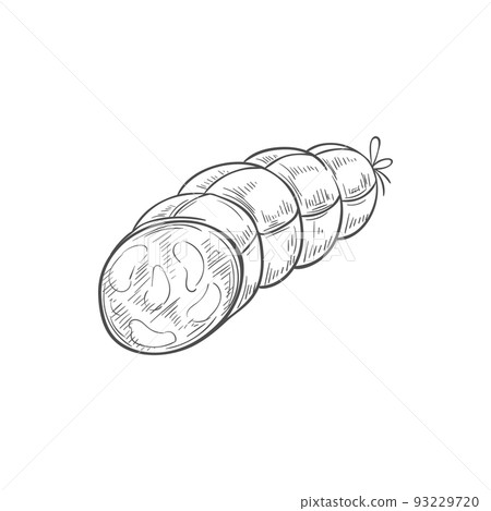 Boiled tied sausage isolated cut kielbasa sketch. Vector pepperoni meat platter, butchery food Boiled tied sausage isolated cut kielbasa sketch. Vector pepperoni meat platter, butchery food 93229720