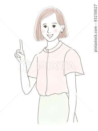 Smiling woman posing with index finger up 93230027