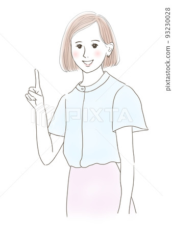 Smiling woman posing with index finger up 93230028