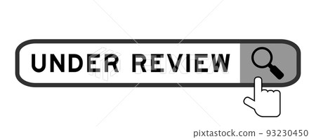 Search banner in word under review with hand over magnifier icon on white background Search banner in word under review with hand over magnifier icon on white background 93230450