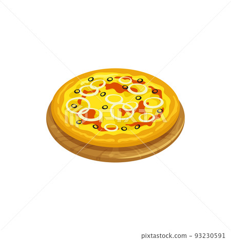 Pizza pugliese with onion, sun-dried tomato and mozzarella isolated italian cuisine food. Vector Apulia Puglia pizza, baked traditional Italy cuisine food with cheese and vegetables, homemade cooking 93230591