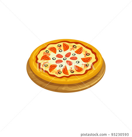 Sicily pizza isolated Italy cuisine food. Vector Sicilian pizza, sfincione or focaccia with toppings ketchup, tomato slices and black olives. Italian baked food with cheese and vegetables on board 93230593
