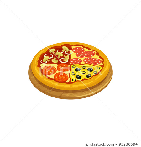Quattro Stagioni isolated round Italian pizza on wooden board. Vector four seasons pizza, prepared in four sections, represents one season of year. Italy cuisine food with diverse ingredients 93230594