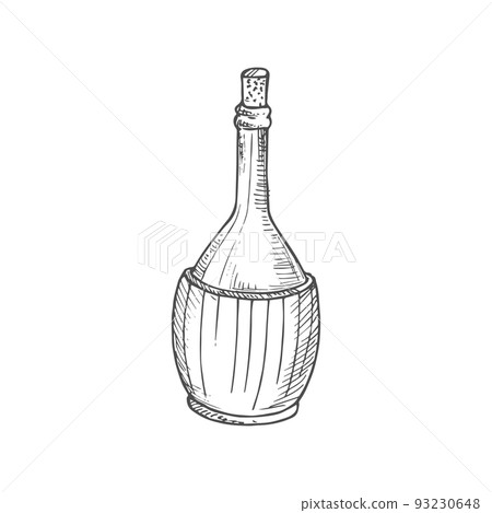 Wine or champagne bottle in retro wooden holder isolated sketch. Vector alcohol drinks bucket cooler Wine or champagne bottle in retro wooden holder isolated sketch. Vector alcohol drinks bucket cooler 93230648