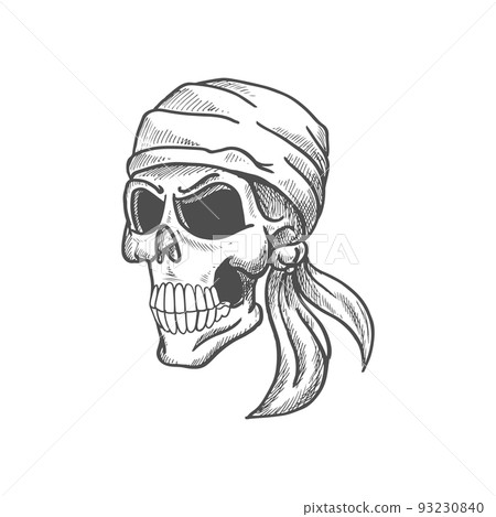 Skull skeleton in bandana isolated tattoo sketch, profile view. Vector death symbol, tattoo design 93230840