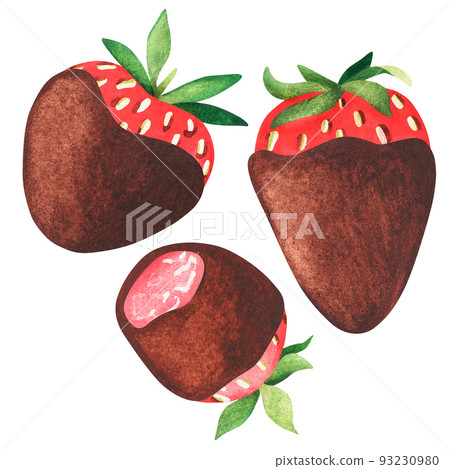Chocolate-covered strawberries. Watercolor illustration. Isolated on a white background. For design. Chocolate-covered strawberries. Watercolor illustration. Isolated on a white background. For design. 93230980