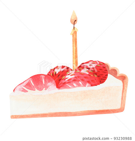 A piece of strawberry pie with a candle. Watercolor illustration. Isolated on a white background. A piece of strawberry pie with a candle. Watercolor illustration. Isolated on a white background. 93230988