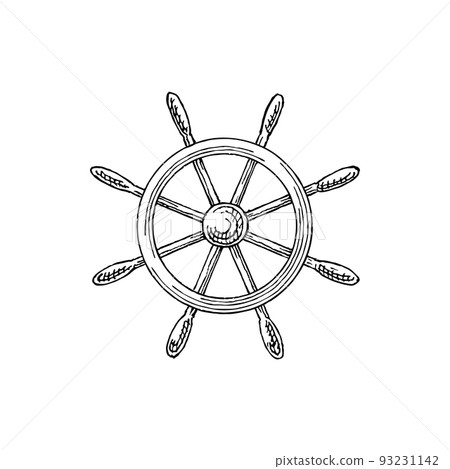 Steering ship wheel isolated marine sketch. Vector navigation equipment symbol, hand wheel with handles Steering ship wheel isolated marine sketch. Vector navigation equipment symbol, hand wheel with handles 93231142