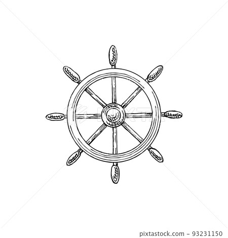 Steering ship wheel isolated marine sketch. Vector navigation equipment symbol, hand wheel with handles 93231150