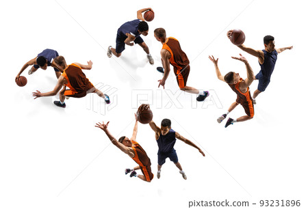 Collage. Dynamic portrait of two professional basketball players in motion, training isolated over white studio background. 93231896