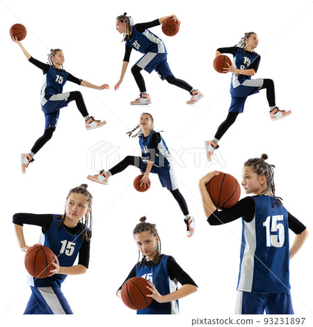 Collage. Portrait of teen girl in blue uniform training, playing basketball isolated over white background. 93231897