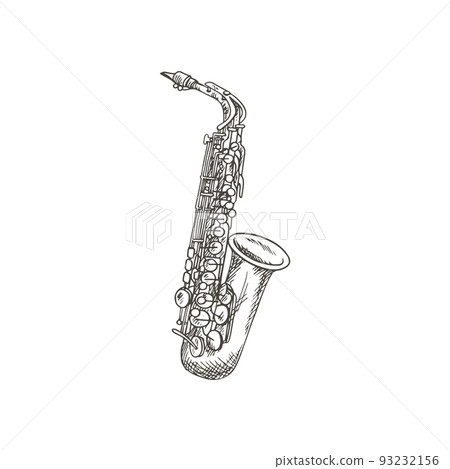 Clarinet or saxophone isolated musical instrument sketch. Vector woodwind sax or bass orchestra trumpet Clarinet or saxophone isolated musical instrument sketch. Vector woodwind sax or bass orchestra trumpet 93232156