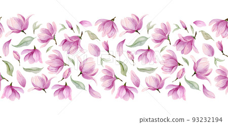 Floral watercolor Border. Seamless Pattern with pink Flower Magnolia for background. Template for frame. Botanical ornament Floral watercolor Border. Seamless Pattern with pink Flower Magnolia for background. Template for frame. Botanical ornament 93232194