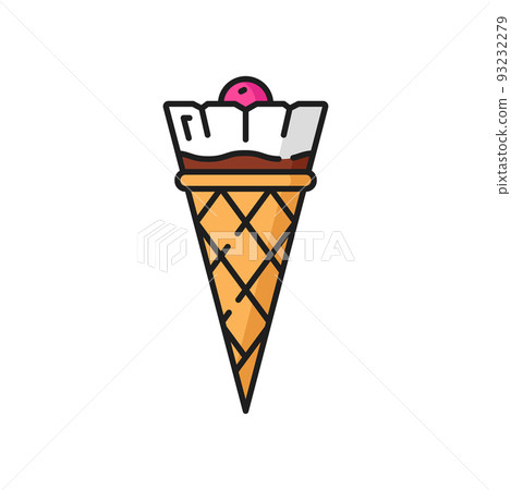 Fruity ice cream in waffle cone, sundae in wafer with cherry berry on top isolated color icon. Vector italian sundae, gelato ice-cream snack. Fastfood cold refreshing summer dessert, frozen cone 93232279