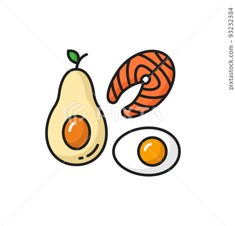 Ketogenic food salmon fish, avocado fruit and boiled egg isolated outline icons. Vector healthy ingredients for dieting nutrition. Keto nutrition lifestyle diet low carb and high fat meal products 93232384