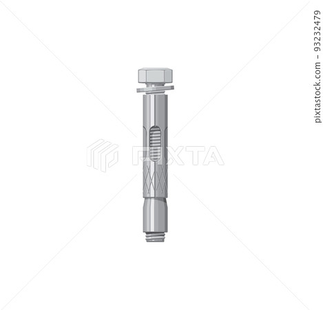 Anchor bolt in metal dowel isolated realistic icon. Vector metallic expansion anchor with silver zinc coating, screw. Iron chrome impact dowel, car repair and fixing, building construction object Anchor bolt in metal dowel isolated realistic icon. Vector metallic expansion anchor with silver zinc coating, screw. Iron chrome impact dowel, car repair and fixing, building construction object 93232479