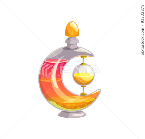 Potion bottle vector icon, magic elixir in glass flask in shape of moon with red and yellow liquid. Cartoon witch poison, alchemy object design element for magic game isolated on white background 93232875
