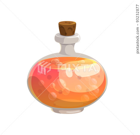 Potion bottle vector icon, magic elixir in glass flask with orange boiling liquid and corkwood bung. Cartoon design element for magic game. Witch poison, alchemy object isolated on white background Potion bottle vector icon, magic elixir in glass flask with orange boiling liquid and corkwood bung. Cartoon design element for magic game. Witch poison, alchemy object isolated on white background 93232877