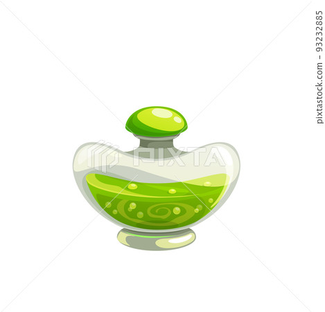Potion bottle vector icon, green magic elixir in glass flask with vortex, air bubbles inside and semisphere bung. Witch poison, cartoon alchemy object for magic game isolated on white background Potion bottle vector icon, green magic elixir in glass flask with vortex, air bubbles inside and semisphere bung. Witch poison, cartoon alchemy object for magic game isolated on white background 93232885