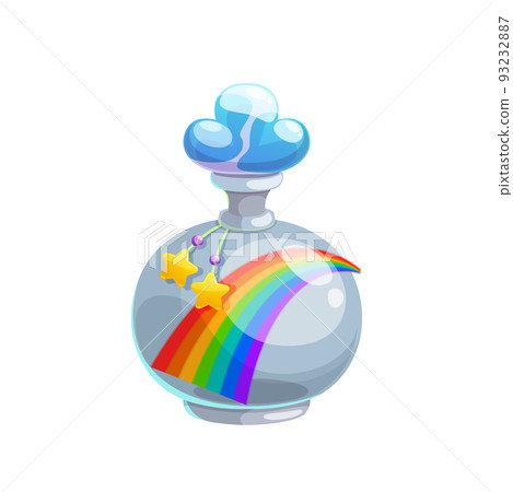 Potion bottle vector icon, magic elixir in glass flask with rainbow, stars decor and cloud bung. Cartoon magic witch poison, alchemy object isolated on white background Potion bottle vector icon, magic elixir in glass flask with rainbow, stars decor and cloud bung. Cartoon magic witch poison, alchemy object isolated on white background 93232887