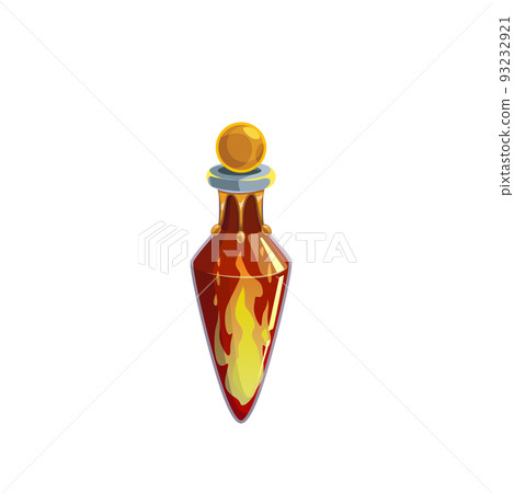 Potion bottle vector icon, glass flask with burning fire inside and sphere bung. Witch poison, cartoon blazing elixir for magic game, alchemy object isolated on white background Potion bottle vector icon, glass flask with burning fire inside and sphere bung. Witch poison, cartoon blazing elixir for magic game, alchemy object isolated on white background 93232921