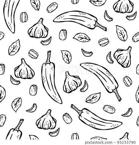 Vector seamless pattern hand-drawn product illustration for Italian cuisine. Garlic, olives, pepper, basil Vector seamless pattern hand-drawn product illustration for Italian cuisine. Garlic, olives, pepper, basil 93233790